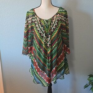 BEIGE BY ECI Aztec Boho Print Sheer w/Tank Rounded Neckline Top Tunic Sz Large
